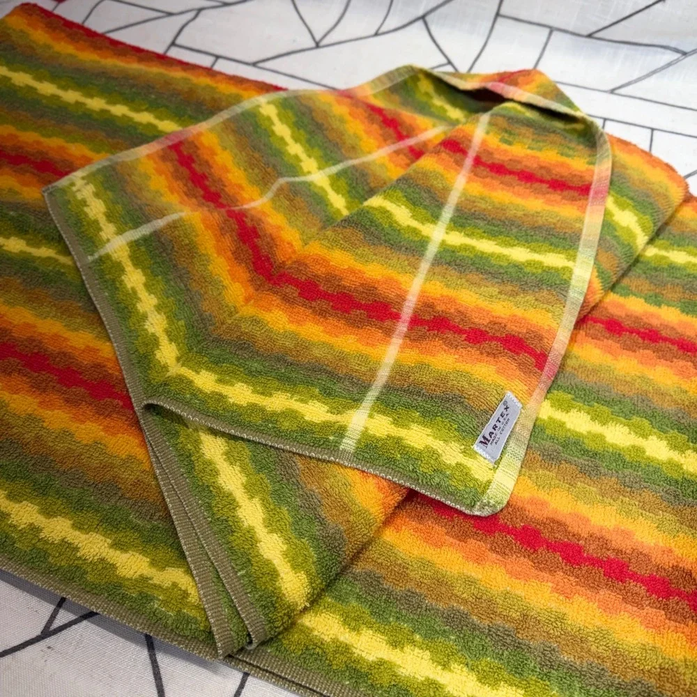 Martex Beach Towel 16x33 Orange Green Vintage 70s Striped Cotton USA Made
